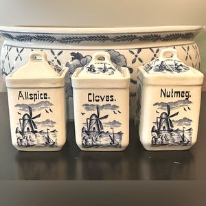 RARE 20th century Marga blue and white windmill porcelain spice canisters